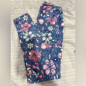 LuLaRoe Dusty blue Floral Patterned Jeggings with Pink & White Accents